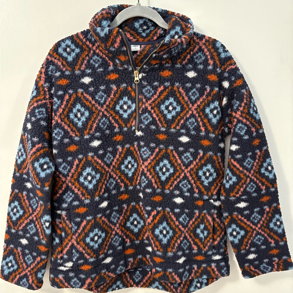 Old Navy Sherpa Patterned Fleece Hoodie - Navy, Orange, Light Blue